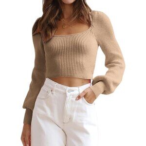 Lacozy Women's Brown Sweater Trendy Long Sleeve Cropped Square Neck Shirts